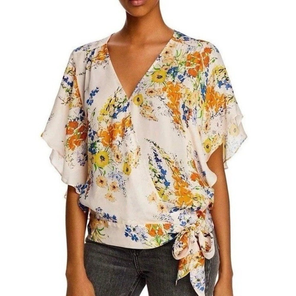Parker Cream Yellow Floral Silk Wrap Blouse Womens Flutter Sleeve Romantic Small